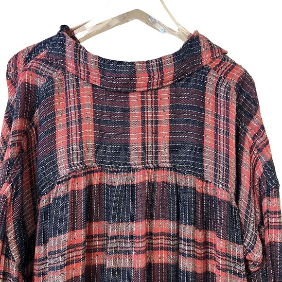 Free People Fearless Love Pink Blue Plaid Sequin Boho Button-Down Shirt - SP - Picture 5 of 10